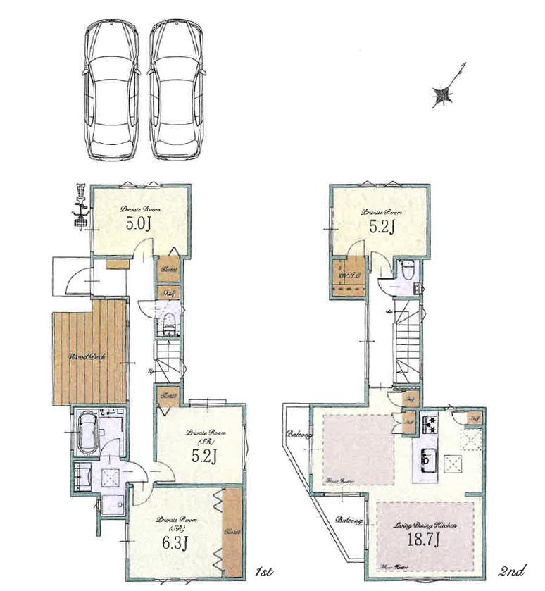 7480万円、4LDK、土地面積127.02m2、建物面積99.01m2 吹き抜けウッドデッキと勾配天井が特徴の間取りプランです。生活空間とベッドルームがしっかり分けられており、在宅ワークの方にもオススメです